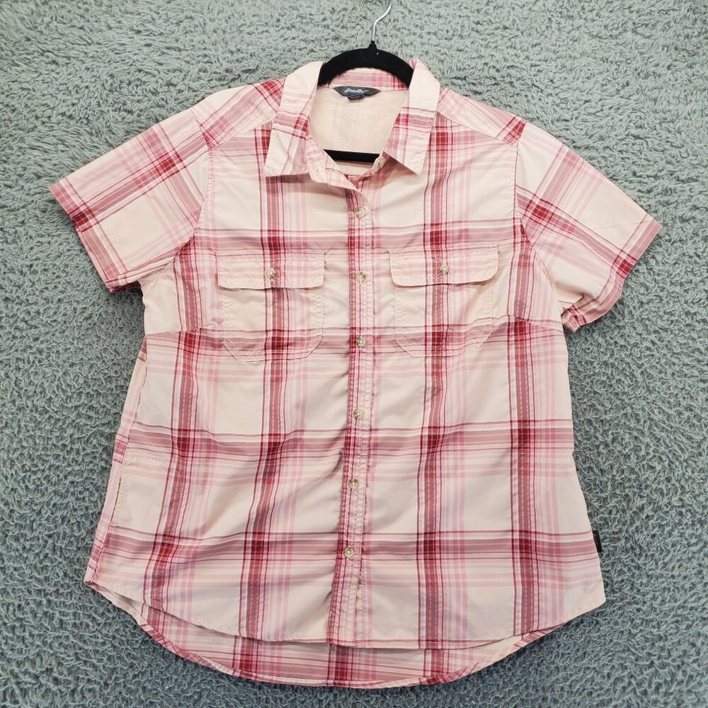 Eddie Bauer Shirt Womens Large Pink Plaid Button-Up Lightweight Polyester/Nylon